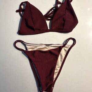Ribbed Bordeaux/Red/Brown High Waist Triangle Top Bikini Set – Size S/M